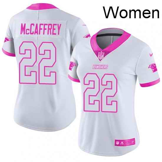 Womens Nike Carolina Panthers 22 Christian McCaffrey Limited WhitePink Rush Fashion NFL Jersey